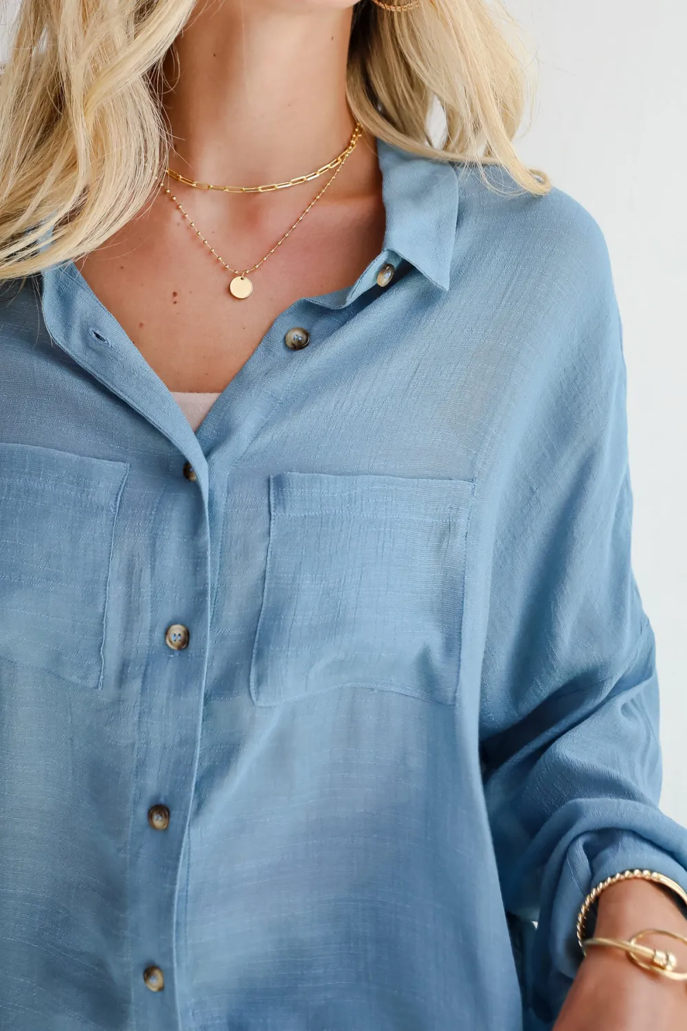 Blue Compelling Composure Oversized Button-Up Blouse