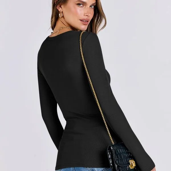 Women's Slim Fit Long Sleeve Crewneck Rib Knit Basic Tee