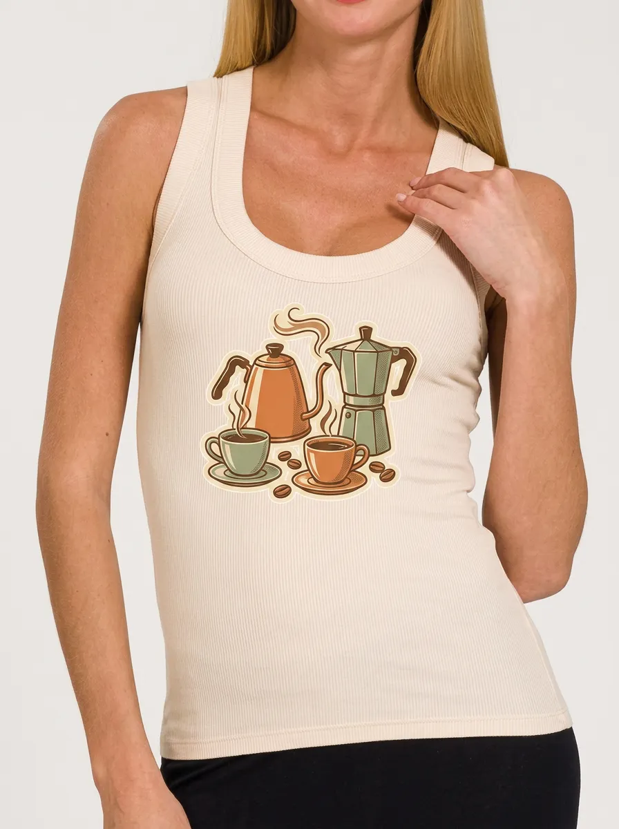 Women's Coffee Lover Moka Pot Kettle Cups Printed Tank Top