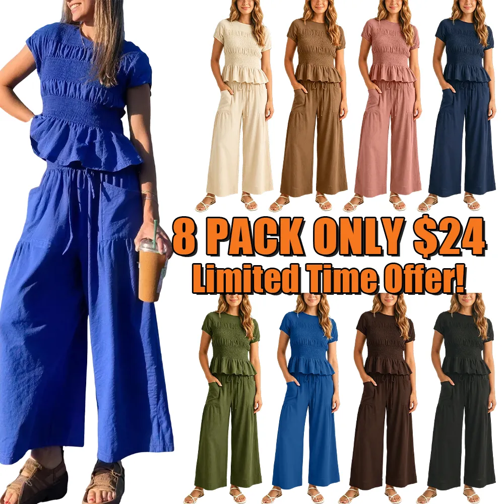 Women's 2-Piece Smocked Top and Wide-Leg Pants Set