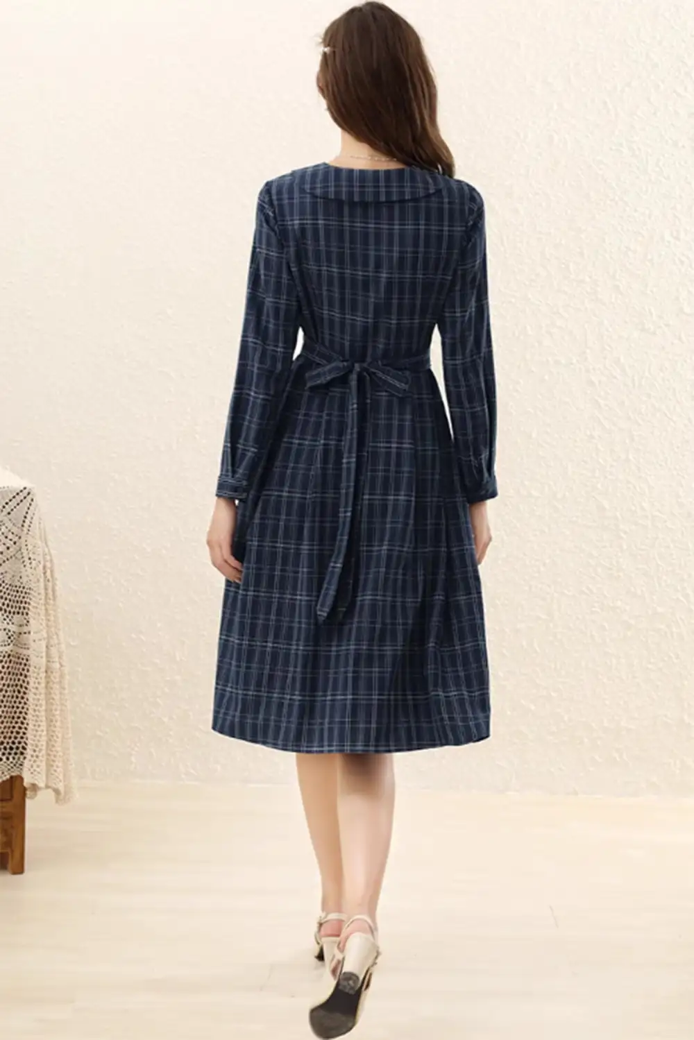 Plaid Polyester Lapel Collar Long Sleeve Midi Dress