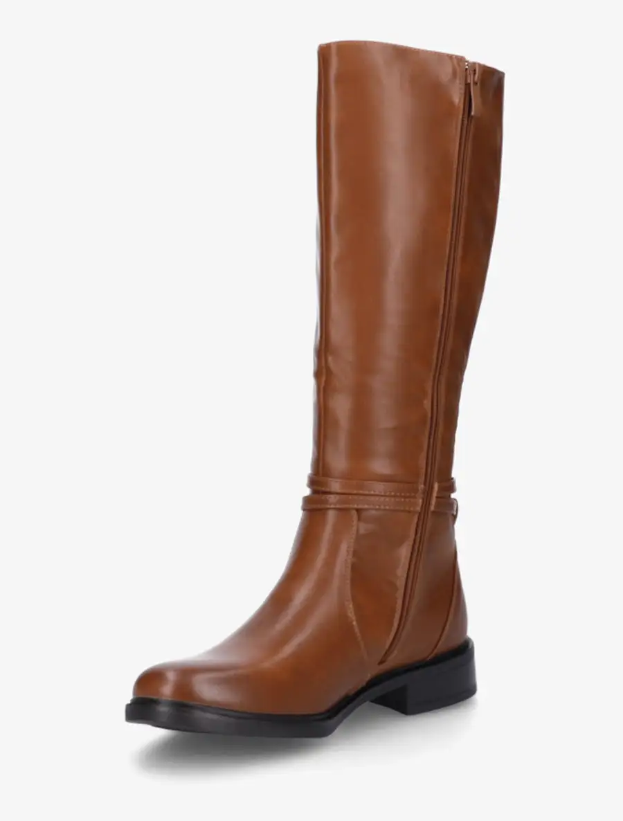 Utility Buckle Detail Block Heel Faux Leather Knee High Boots