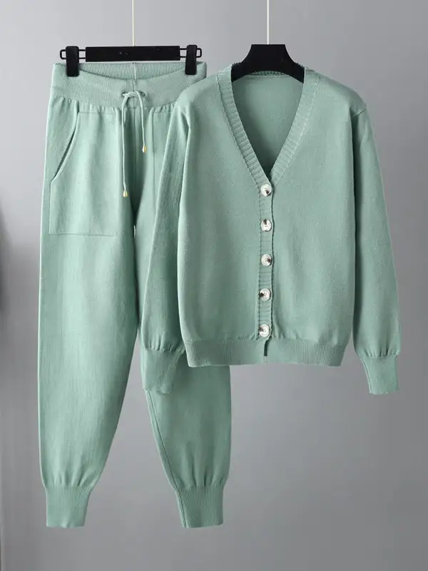 Relaxed V Neck Cardigan And Pants Set