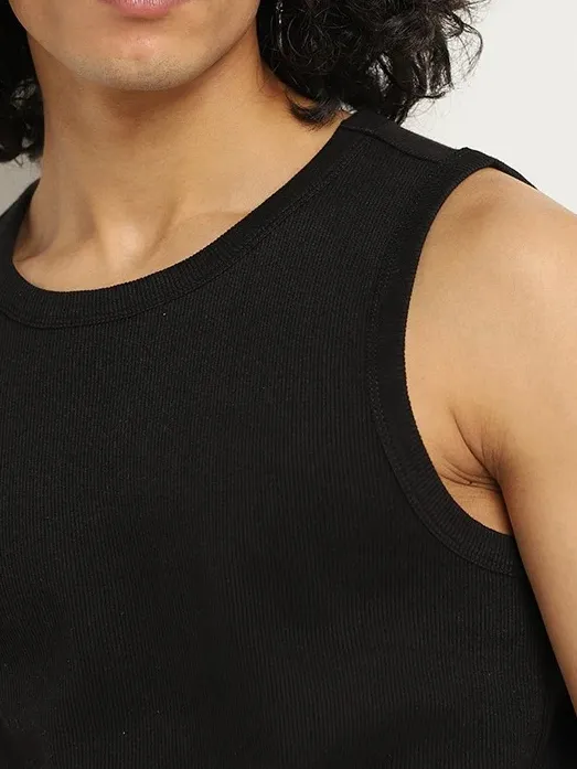 Black Ribbed Slim Fit Cotton-Blend Tank Tops