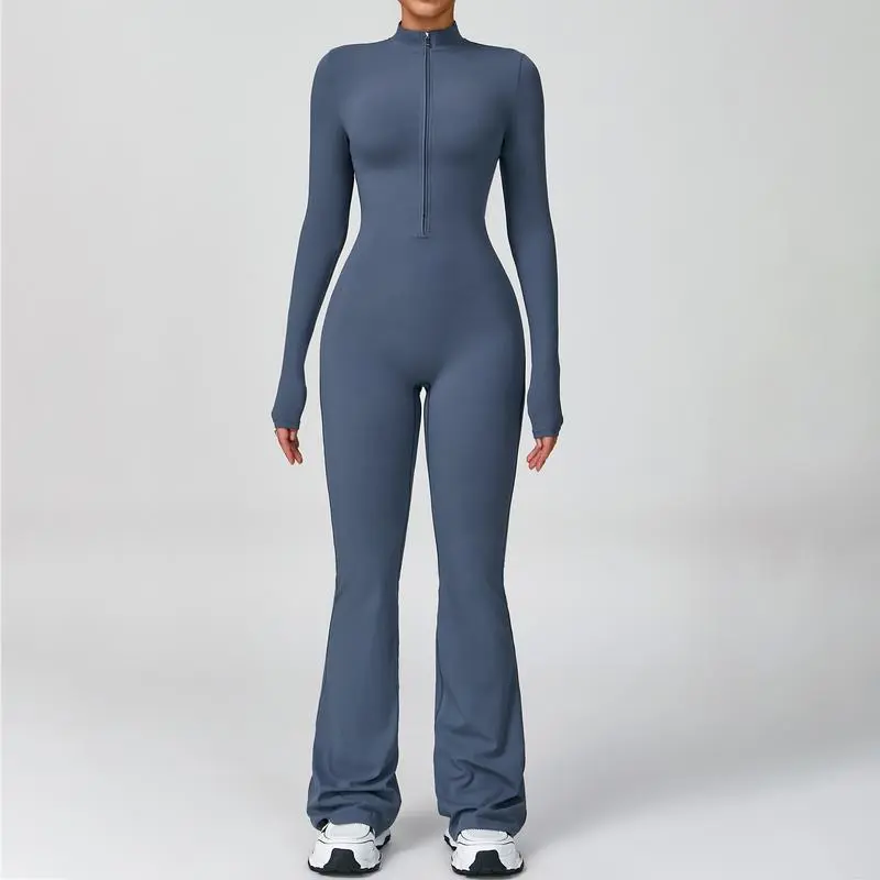Women's Long Sleeve Flared Sports Jumpsuit - Zipper Jumpsuit, Wide Leg Bodysuit, Sexy One-Piece Yoga Jumpsuit
