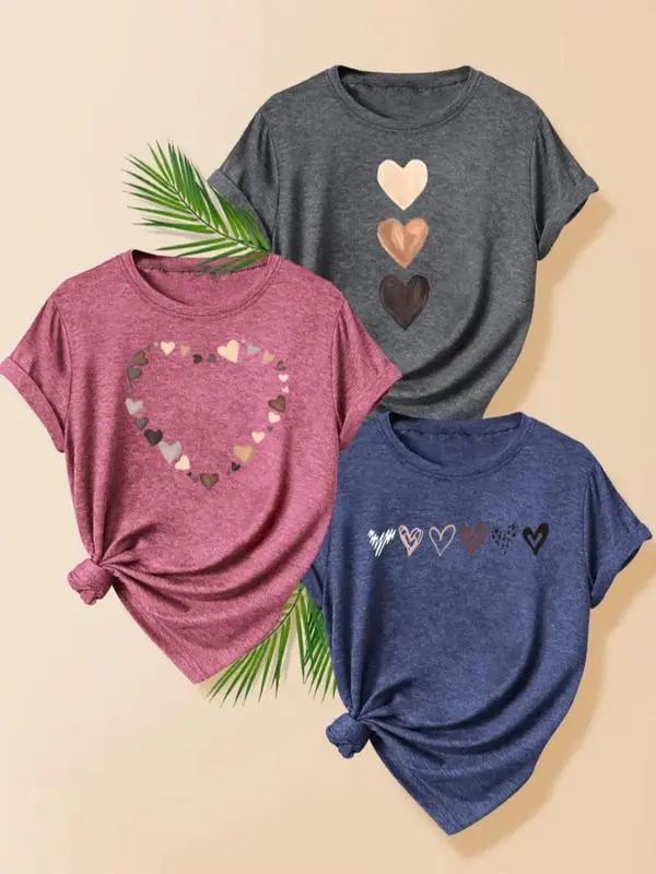 Women'S Heart Print Tee, Casual Short Sleeve T-Shirt For Daily Wear, Ladies Clothes For All Seasons, Graphic Tees, Women swear