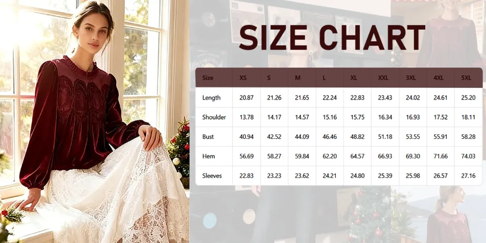 Women'S Long Sleeve Velvet Trim Lace Blouse Elegant Flared Swing Top