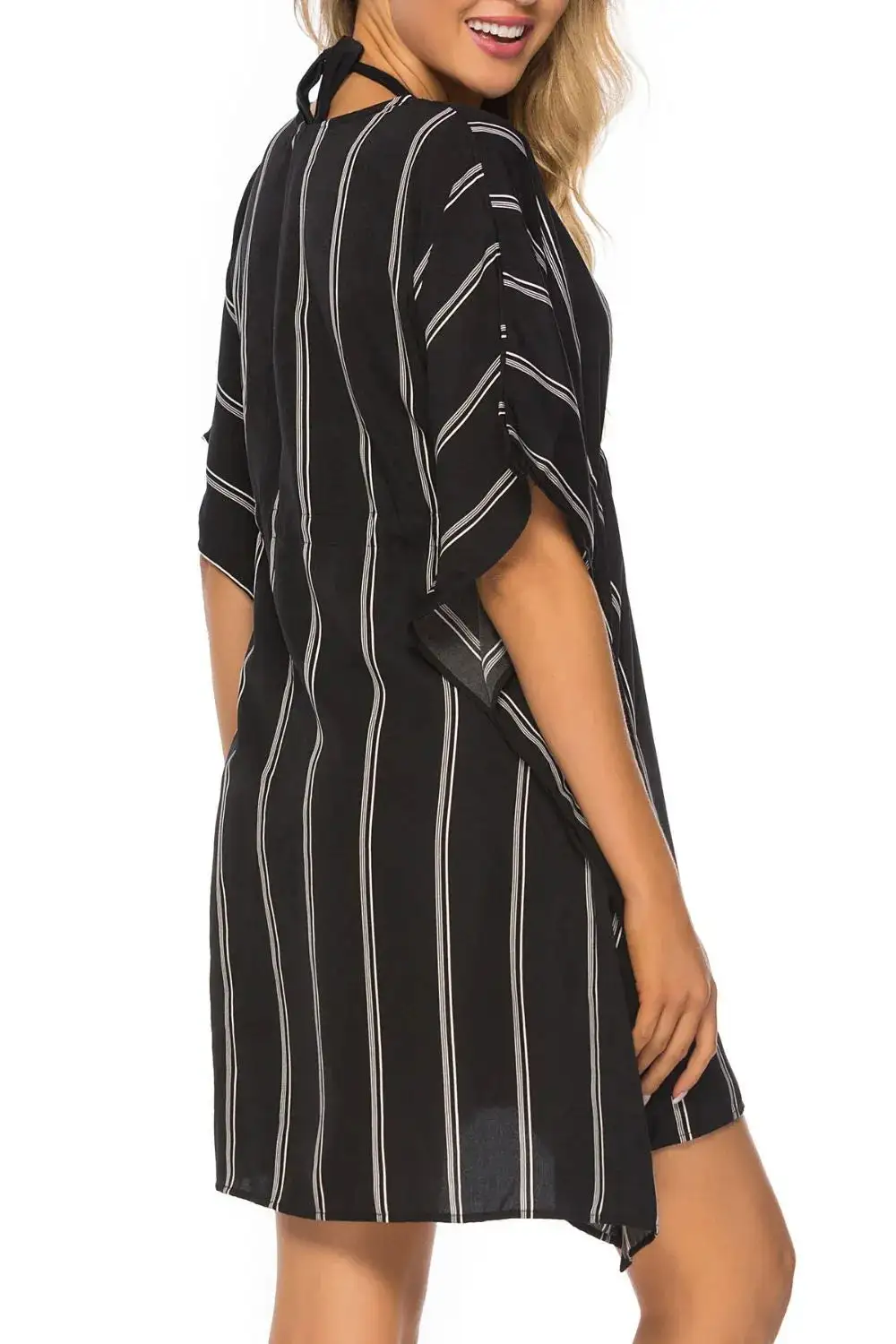 Drawstring Striped V Neck Swim Cover Up