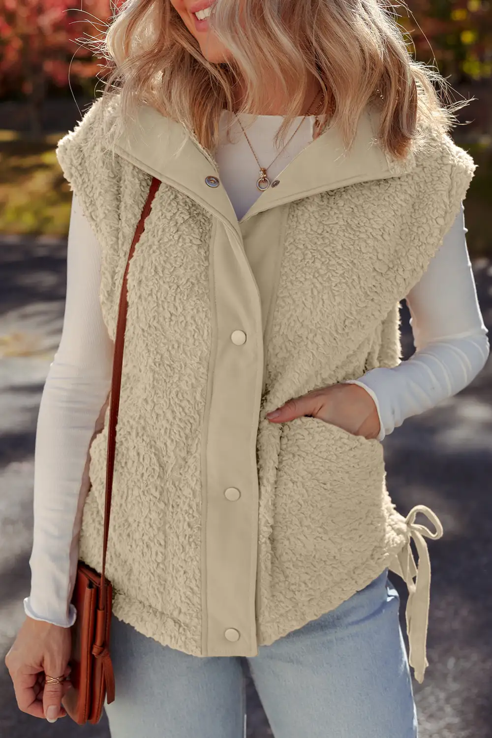 Snap Button Front Knot Side Pocket Detail Polyester Faux Fur Vest