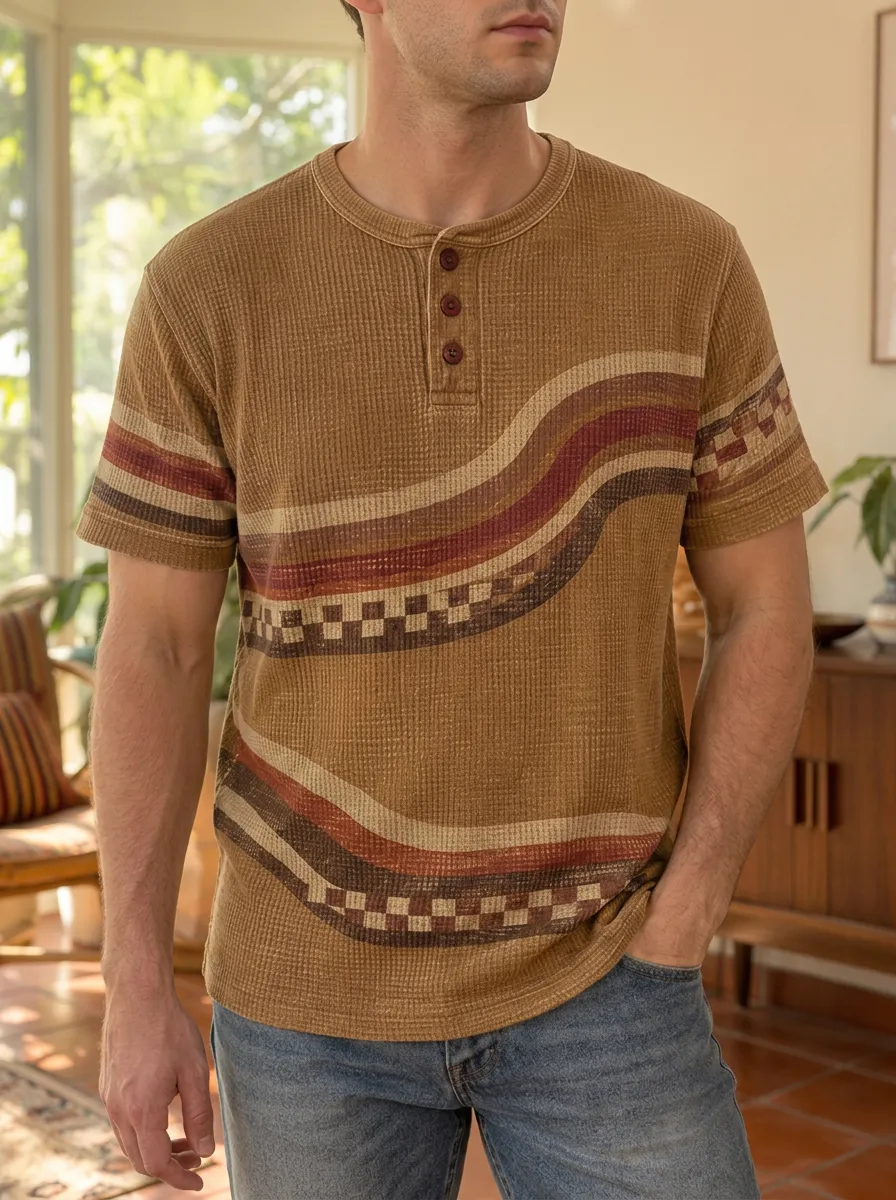 Men's Classic Vintage Waffle Knit Wavy Checkered Henley T-Shirt