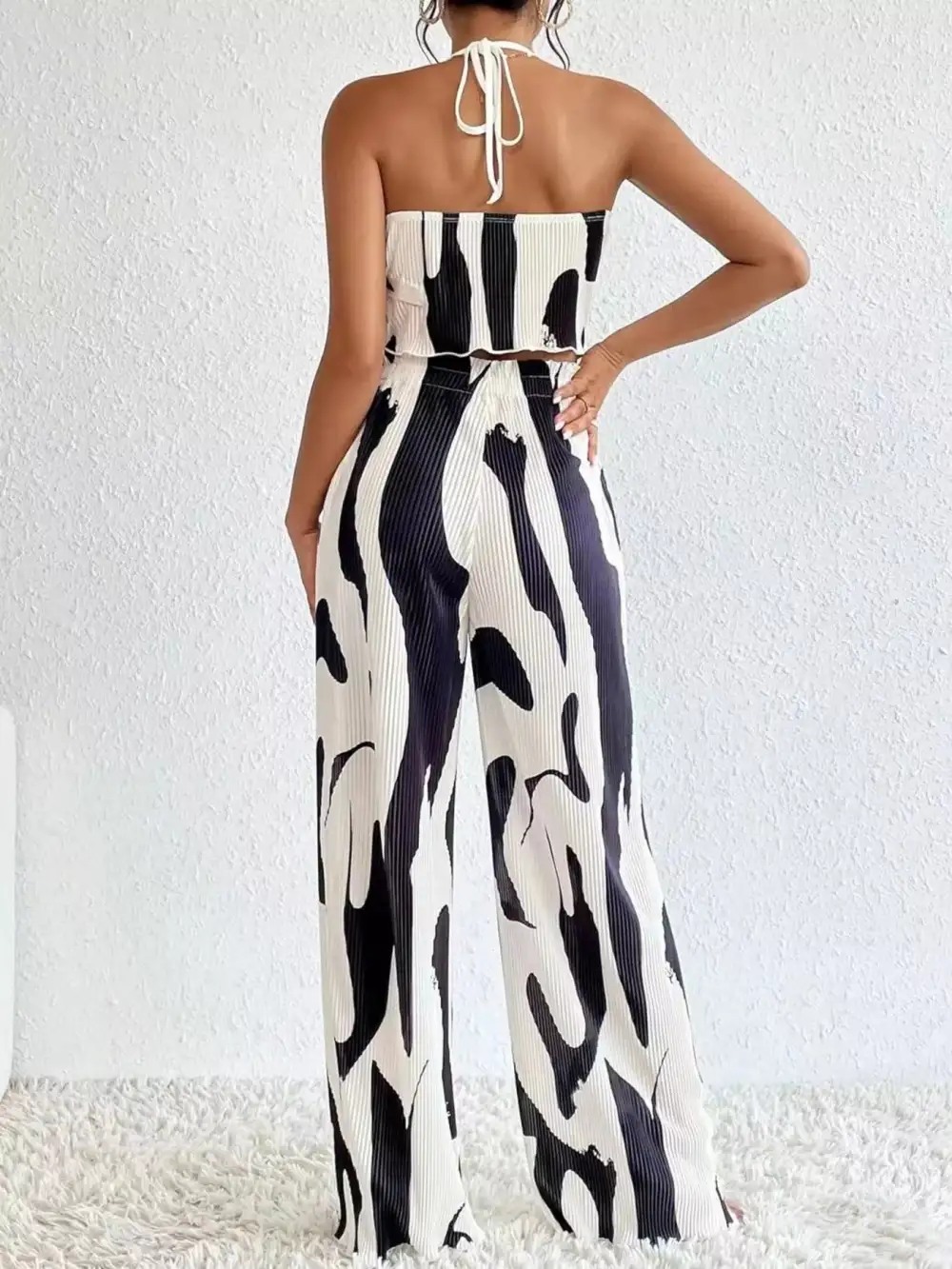 Abstract Print Halter Neck Crop Top and Wide Leg Pants Set