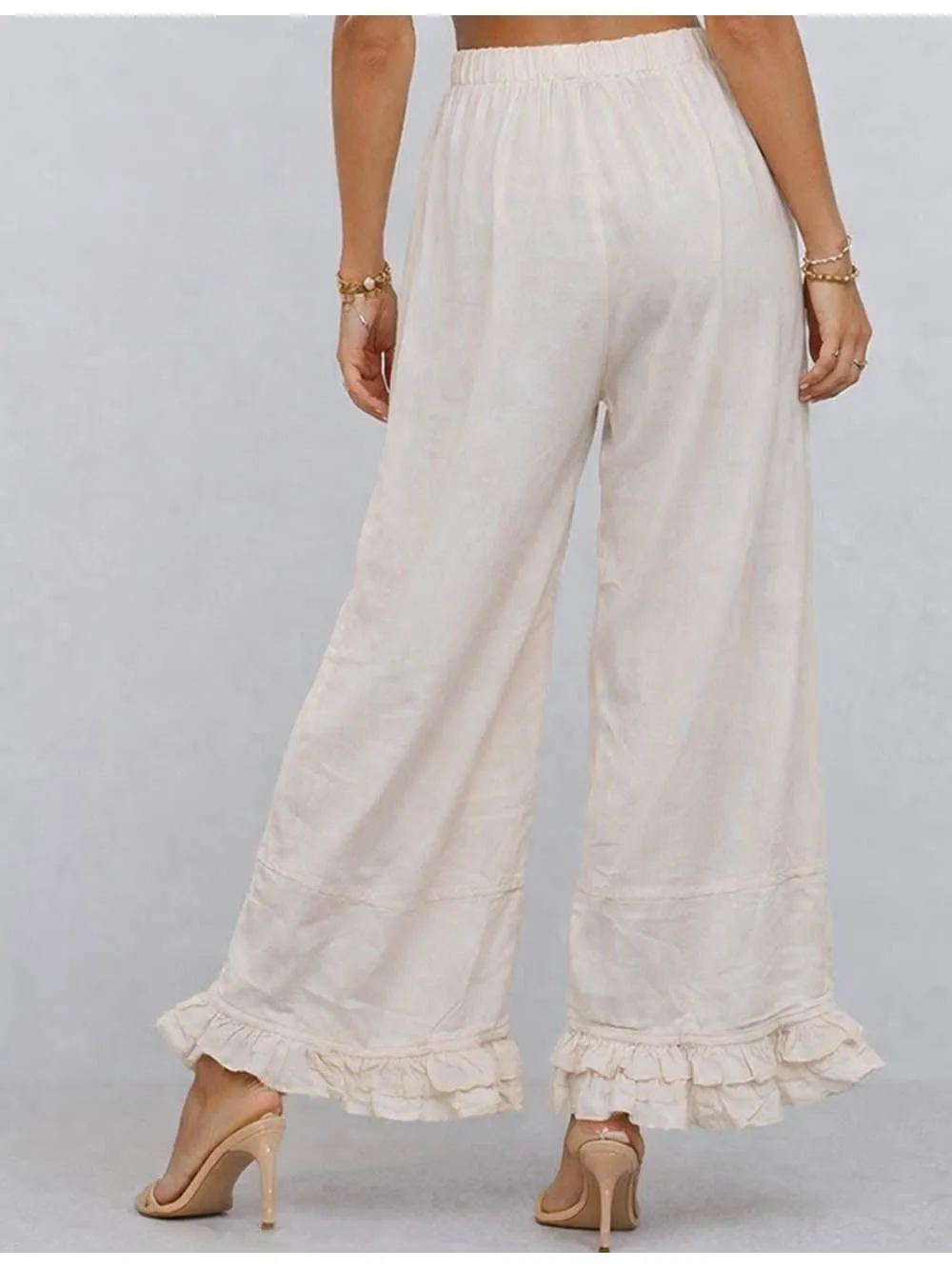 Elastic Waist Drawstring Ruffle Hem Wide Leg Pants