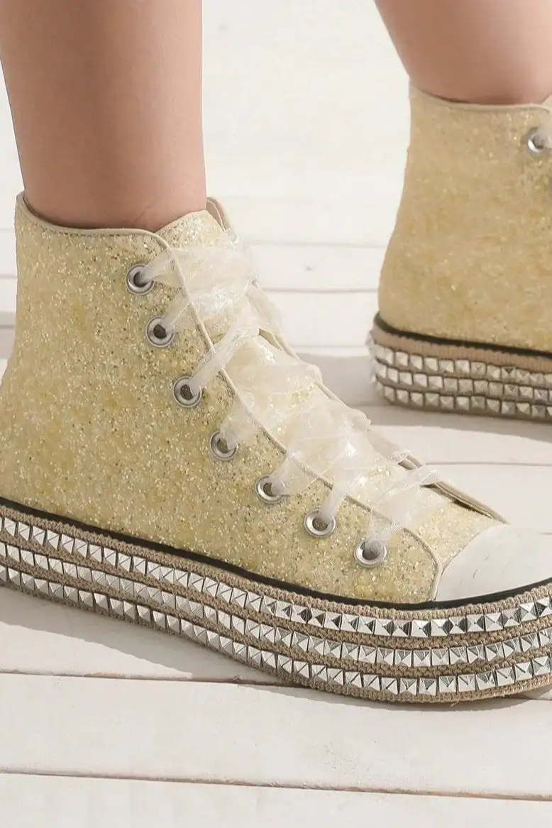 Fashion Glitter Lace-Up Studded Platform Sneakers