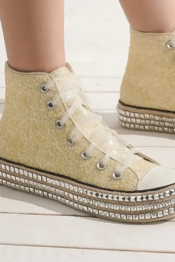 Fashion Glitter Lace-Up Studded Platform Sneakers
