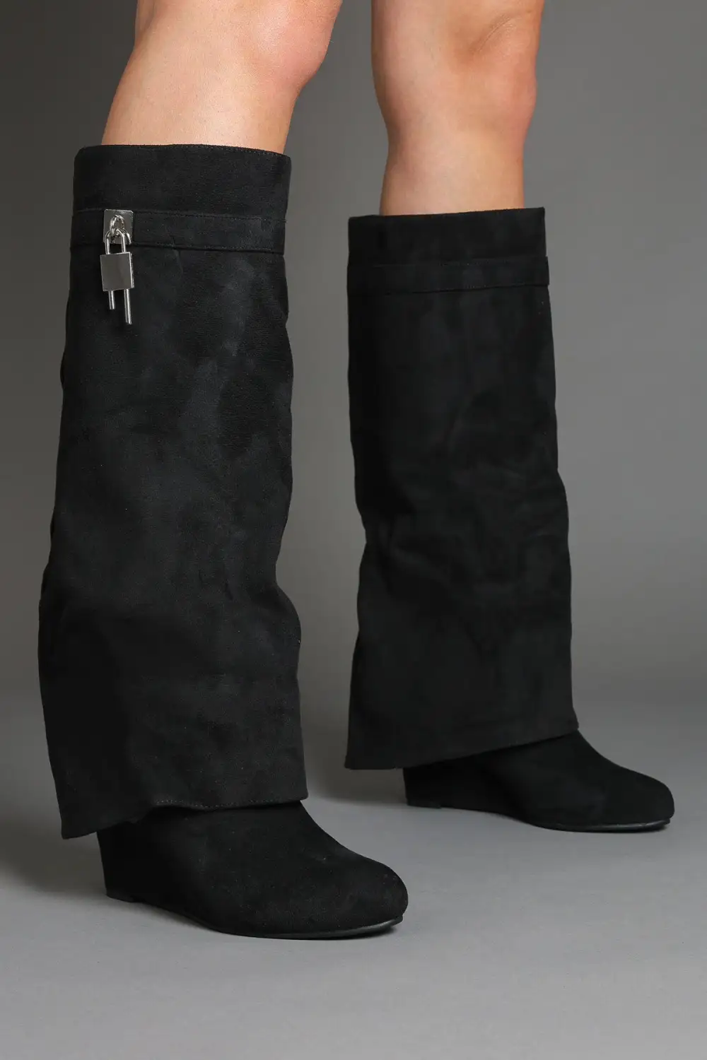 Fold-Over Padlock Detail Wedge Faux Suede Knee High Boots