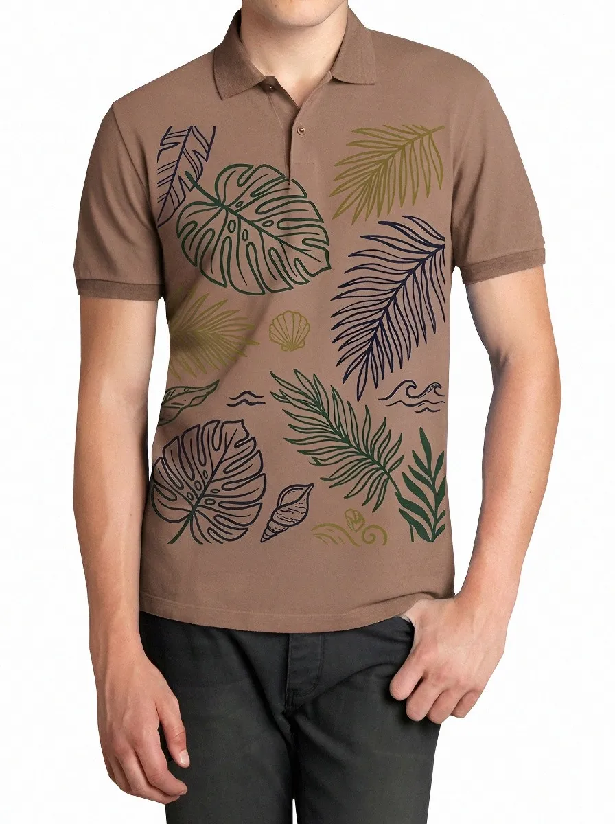 Men's Tropical Beach Lover Monstera Shell Printed Polo Shirt