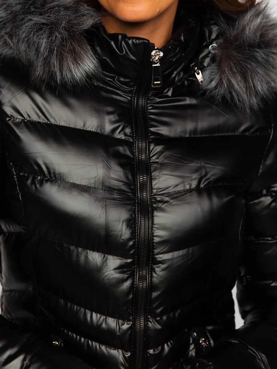 black women's long quilted winter jacket with hood