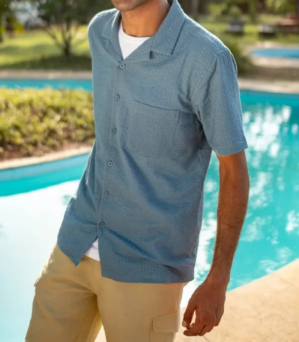 Blue Seersucker Notched Collar Shirt