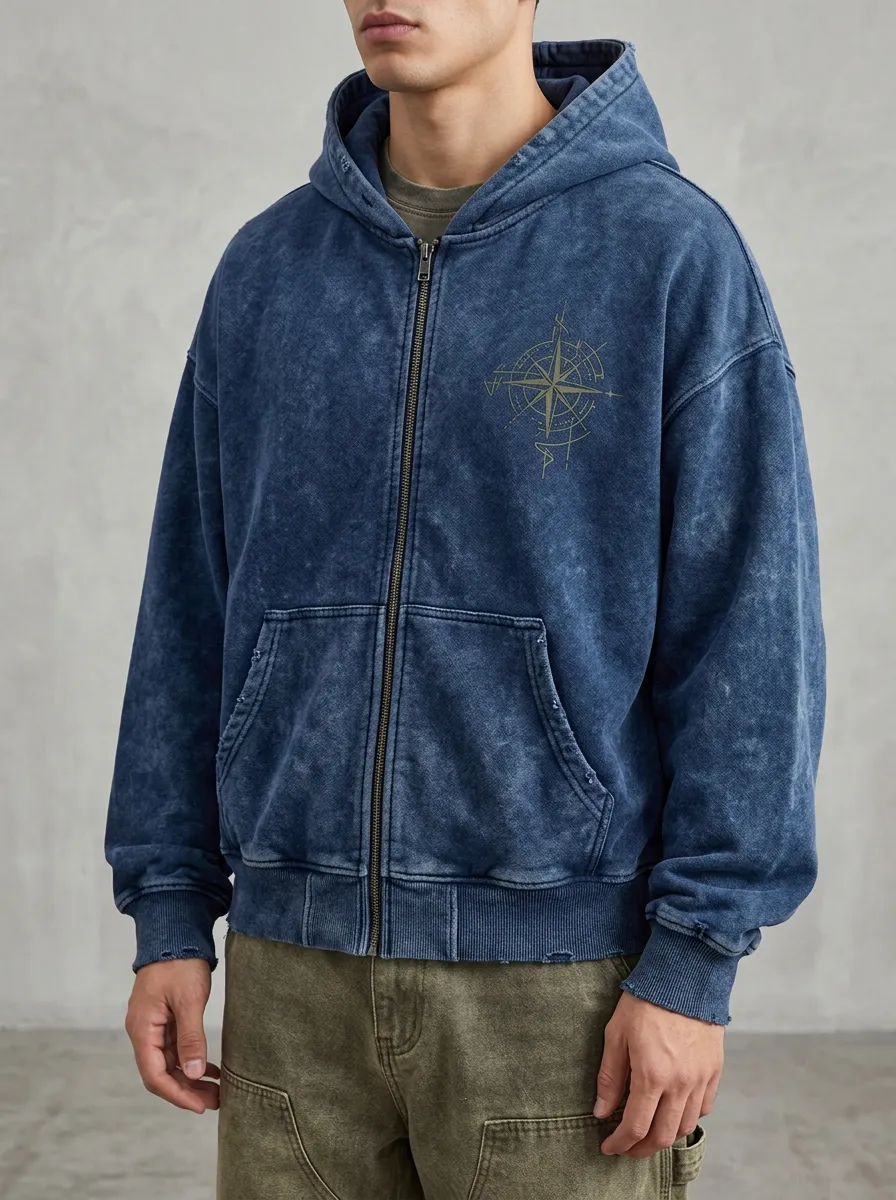 Men's Nautical Adventure Compass Printed Zip Up Hoodie