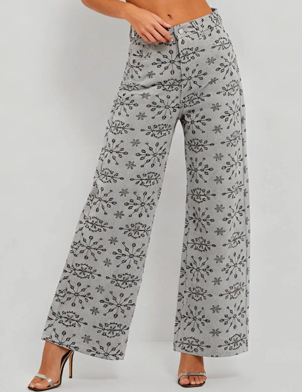 Geometric Jacquard Button Front Wide Leg Denim Pants