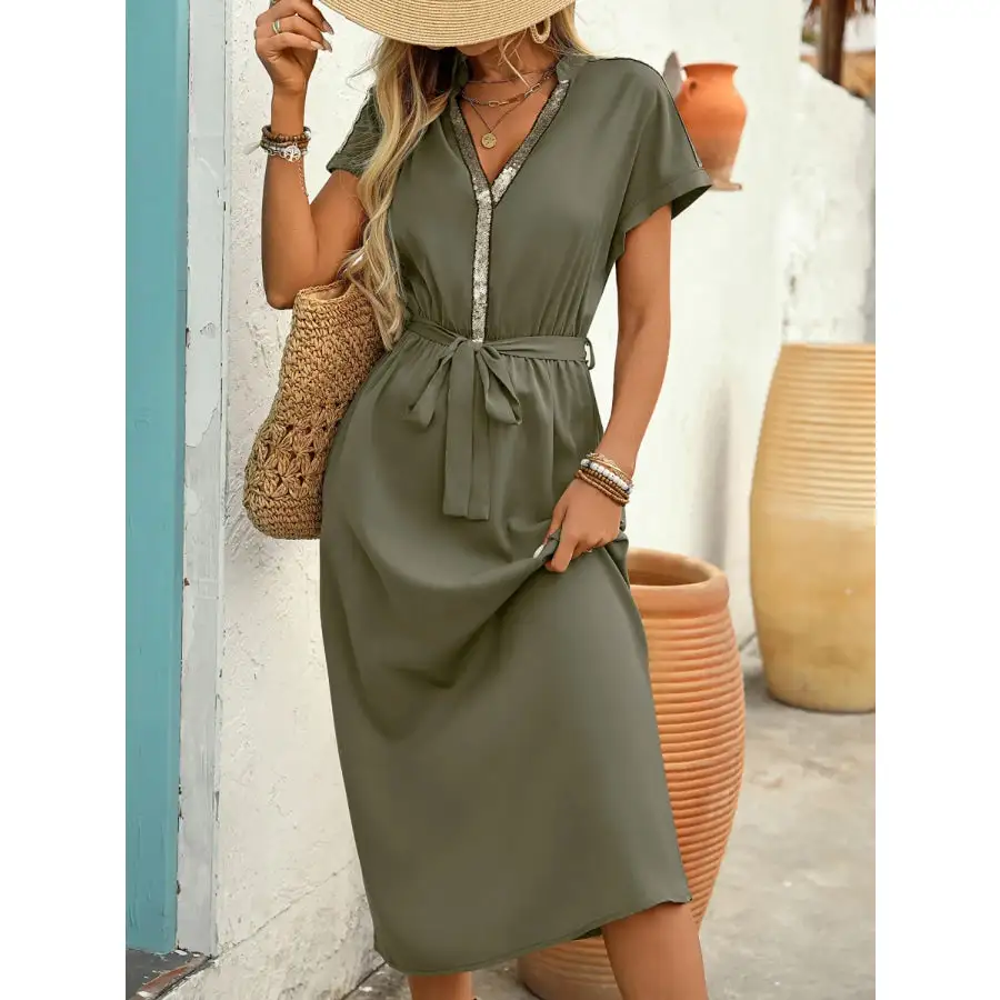 Sequin Notched Short Sleeve Midi Dress
