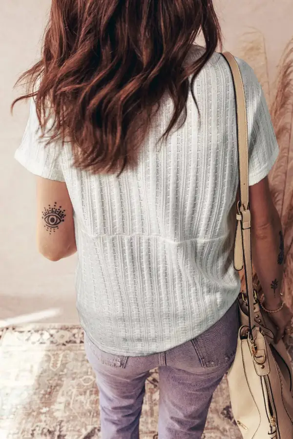 Ribbed Knit Button Detail V Neck T