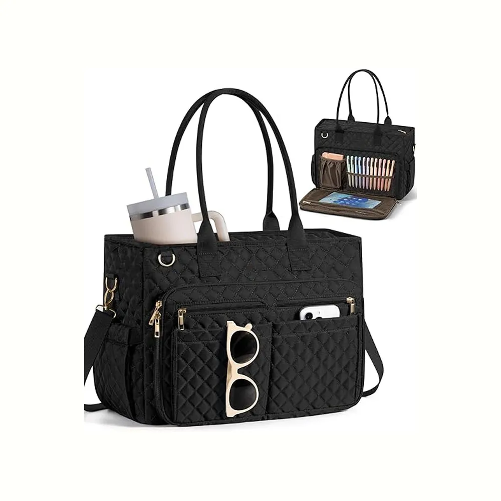 Multi-Functional Quilted Utility Tote - Large Work Shoulder Bag with Organizer Pockets and Crossbody Strap for Work, School & Travel