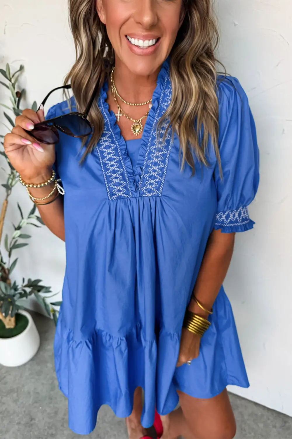 Embroidered V Neck Smocked Mini Dress