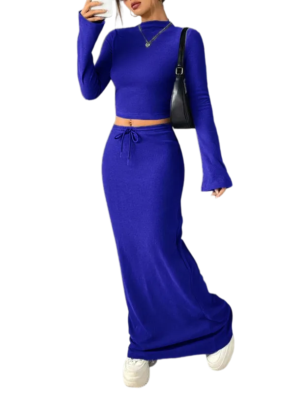 Women's Solid Flounce Sleeve Crop Tee & Skirt Two-piece Set for Daily Outdoor Wear, Women's Clothing for Spring & Fall