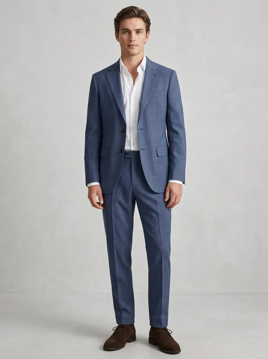 Men's Business Formal Blue Solid Color Tailored Suit Set