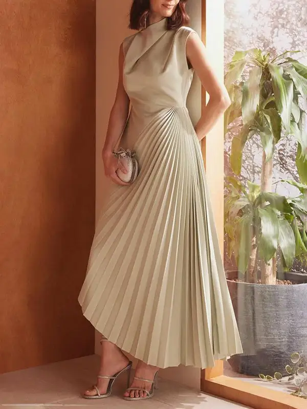 High Pleated Sleeveless Neck Maxi Dress
