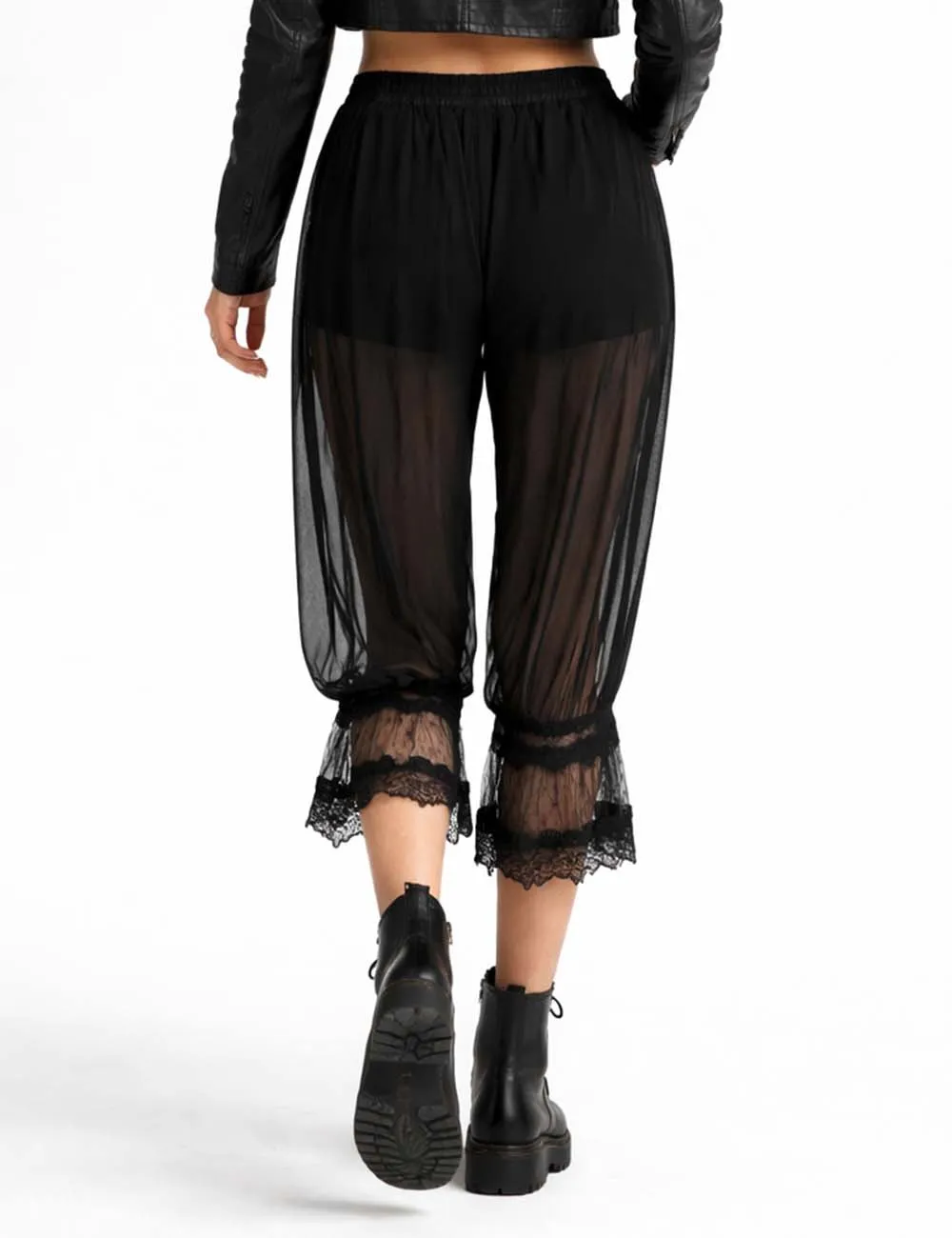 Sheer Lace Trim Bloomer Drawstring Waist Capri Pants