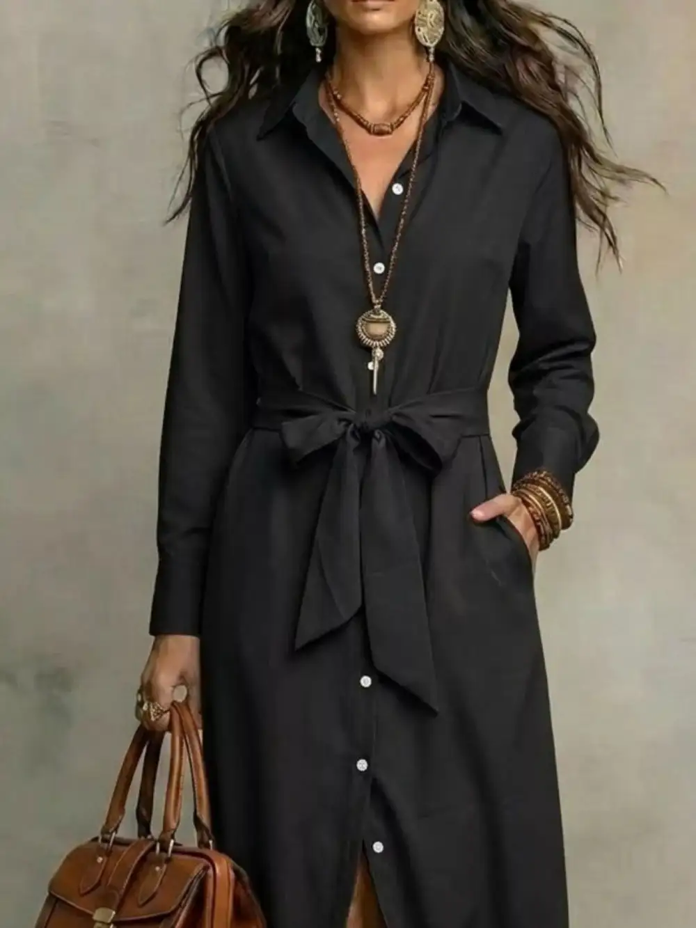 Tie Waist Long Sleeve Shirt Dress