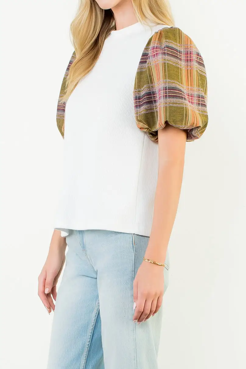 Plaid Ribbed Mixed Media Relaxed Top