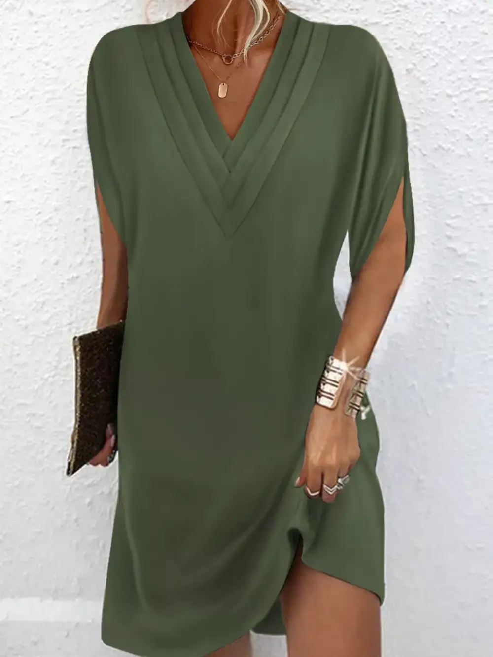 V-Neck Side Slit Mini Dress
