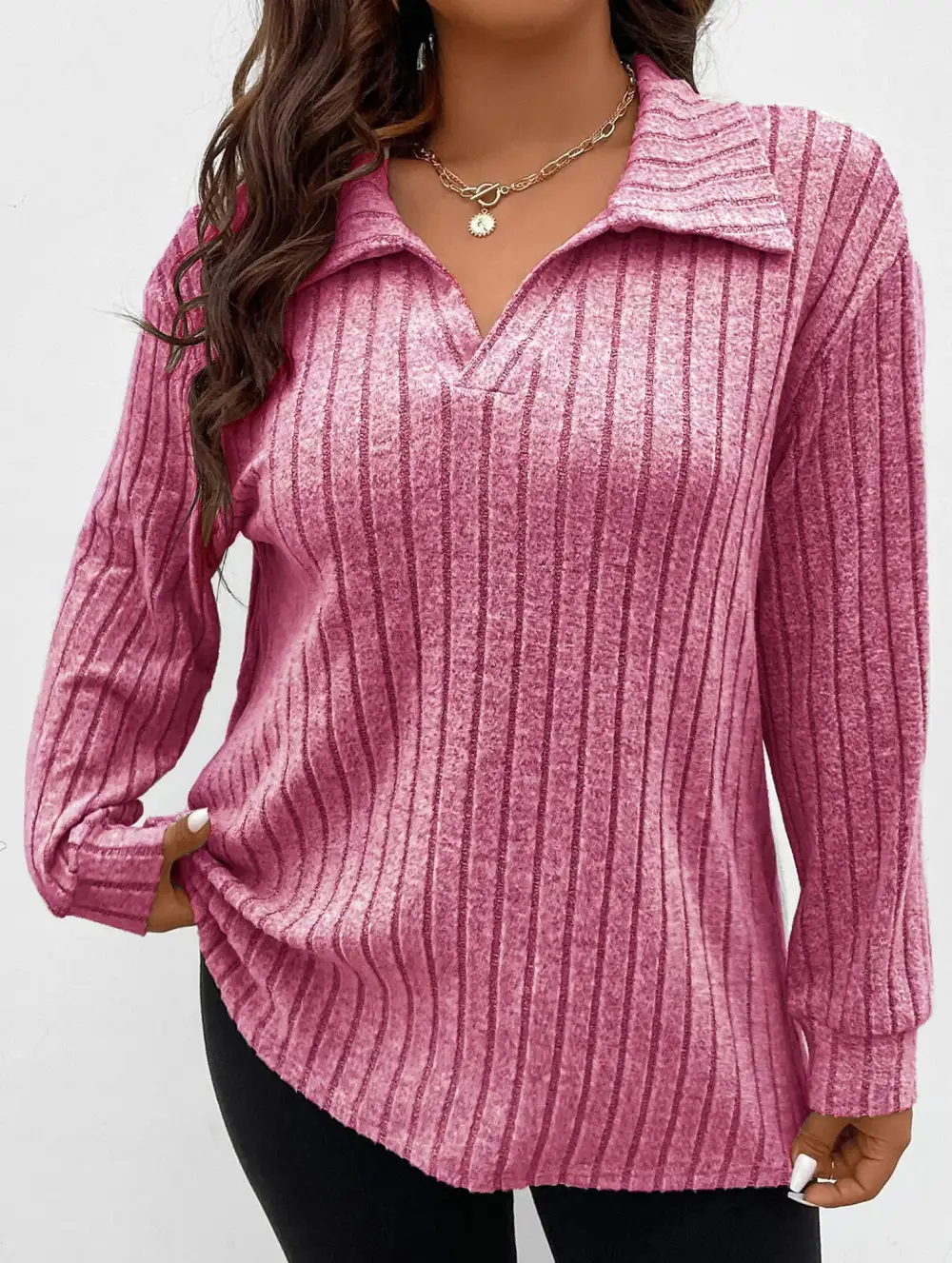 Plus Size Ribbed V-Neck Long Sleeve Tee