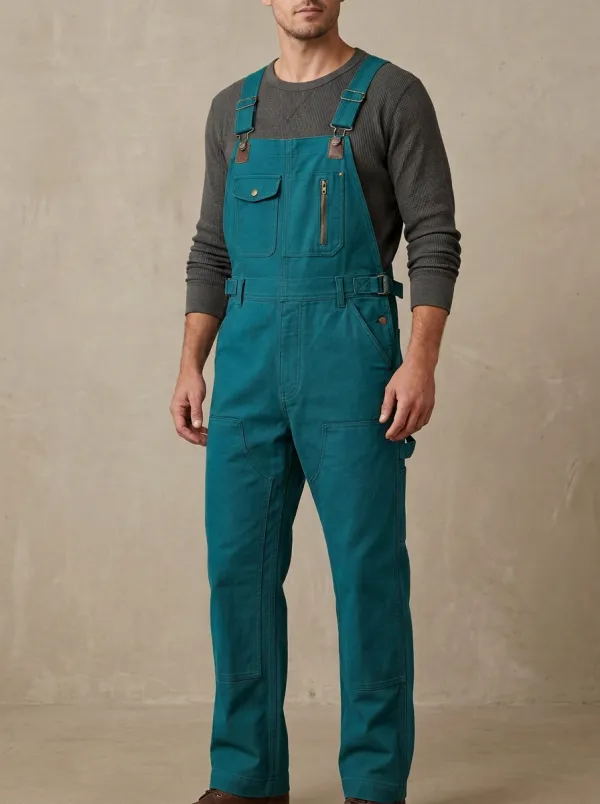 Men's Olive Green Utility Multi-Pocket Canvas Overalls