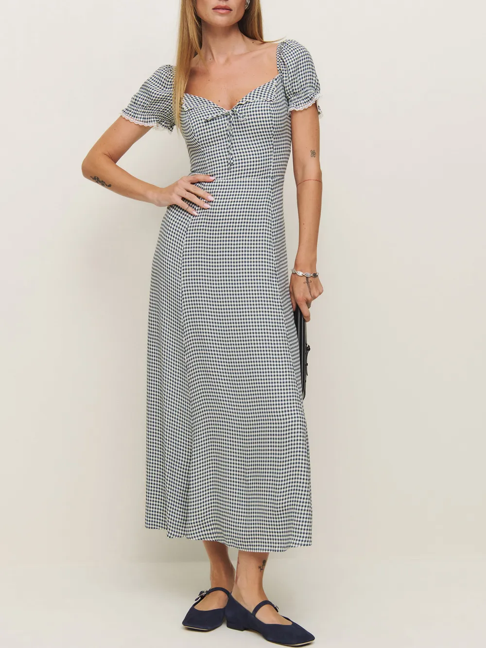 Gingham Puff Sleeve V Neck Maxi Dress