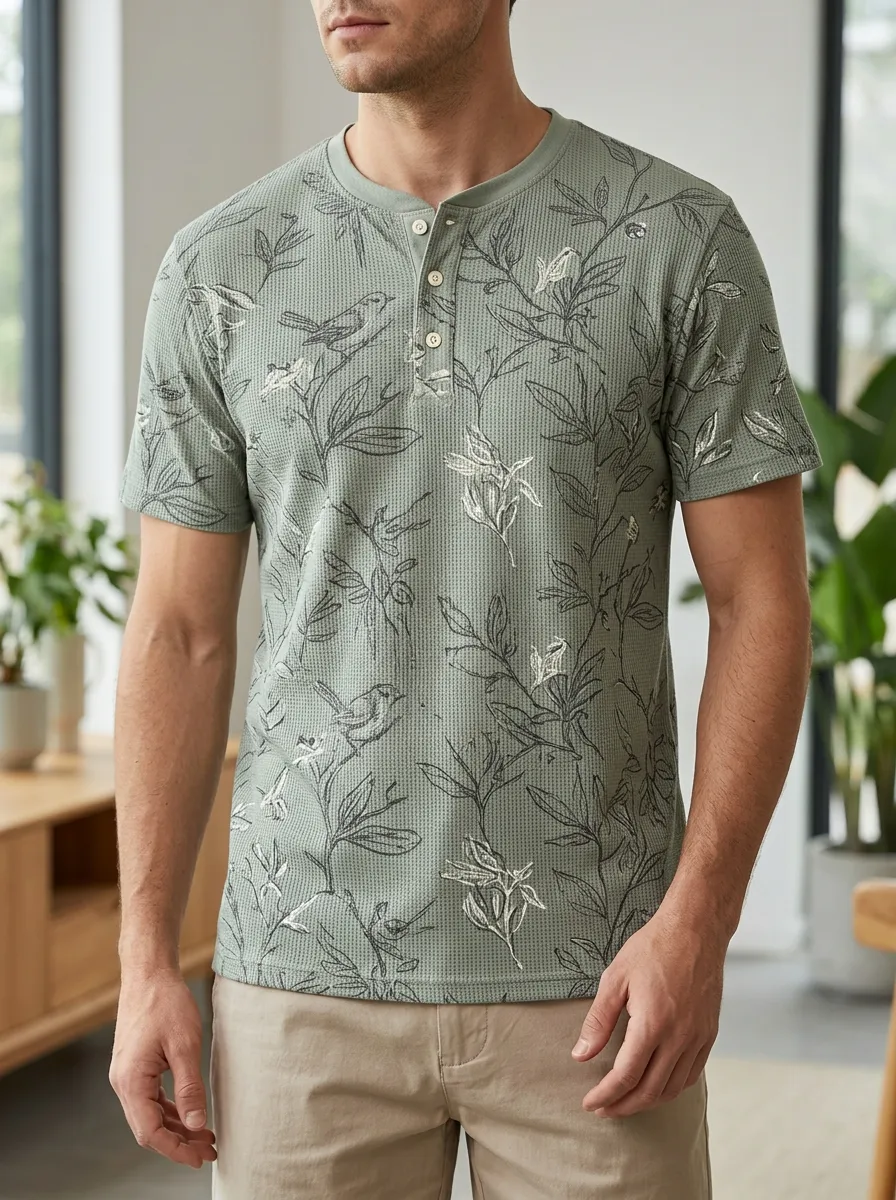 Men's Nature Lover Bird Botanical Printed Waffle Henley T-shirt