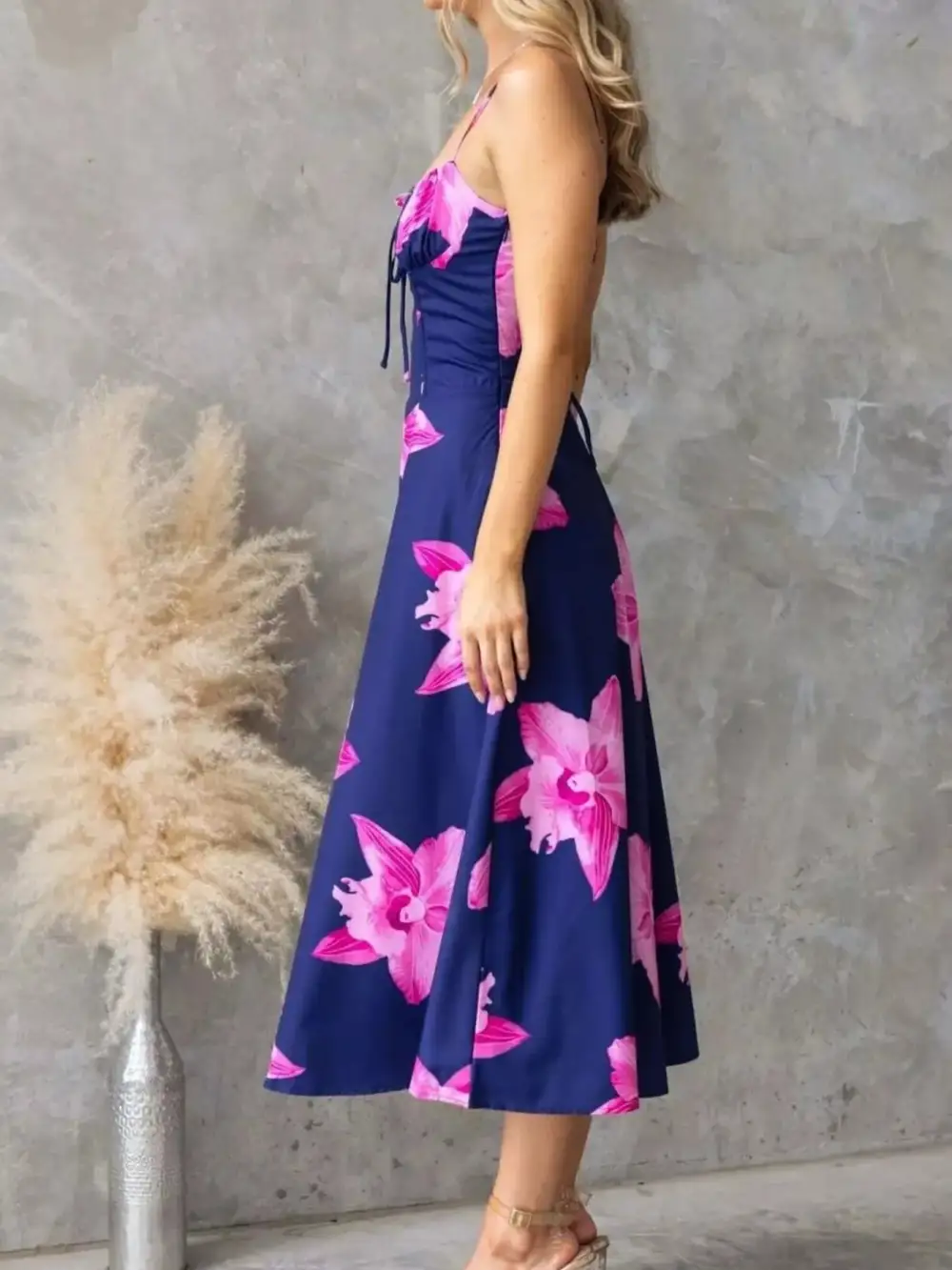 Layered Detail Floral Printed Midi Dress