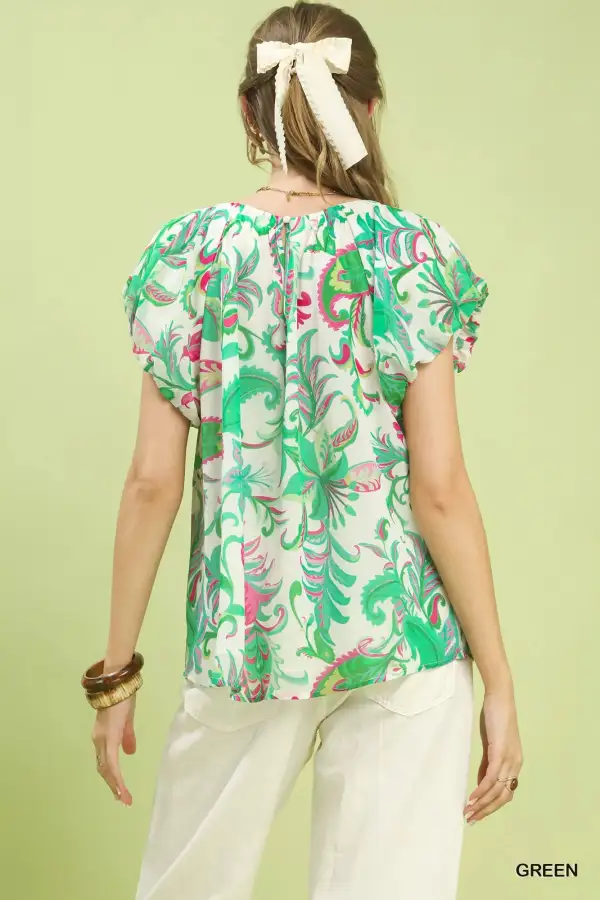 Tropical Paisley Print Puff Sleeve Blouse