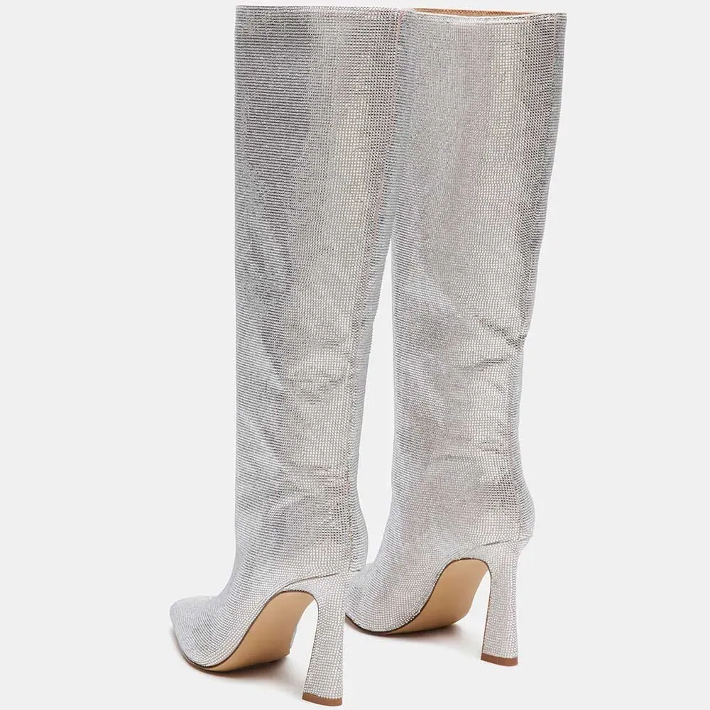 Faux-Leather Rhinestone Pointed-Toe Platform Knee-High Boots