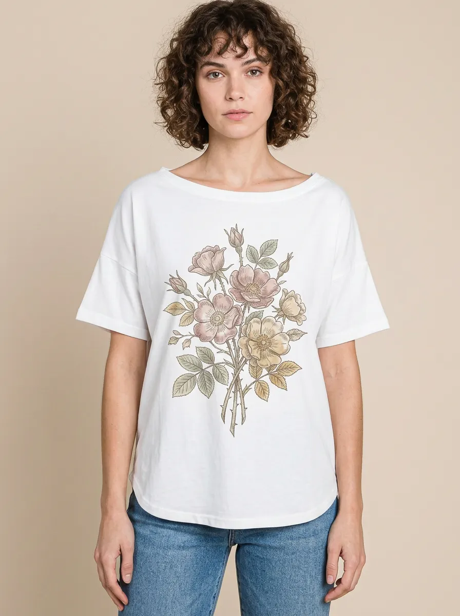 Women's Botanical Wild Rose Bouquet Graphic Crewneck T-Shirt