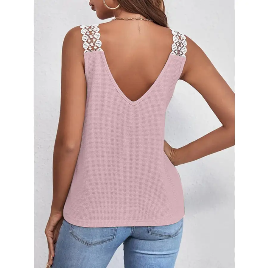 Lace Detail Waffle Knit V Neck Tank