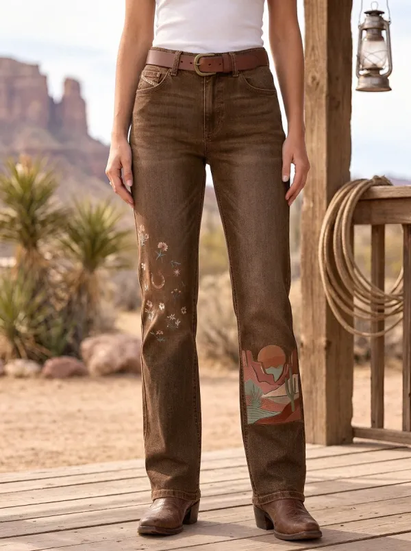 Women's Western Horseshoe Horse Cactus Desert Embroidered Jeans