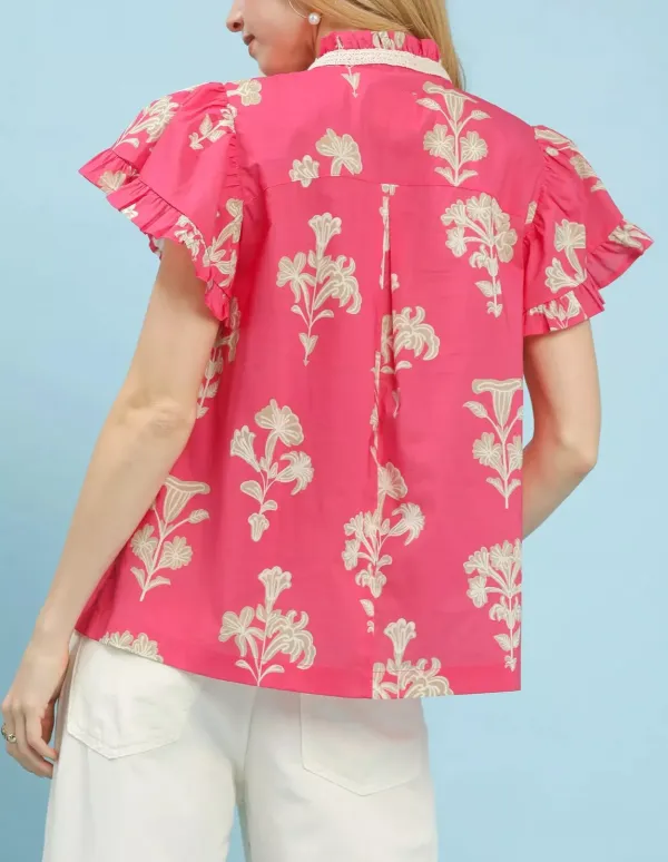Floral Print Ruffle Sleeve Button Split-Neck Top