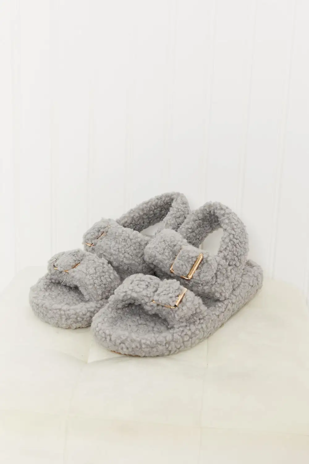 Faux Fur Buckled Flat Sandals