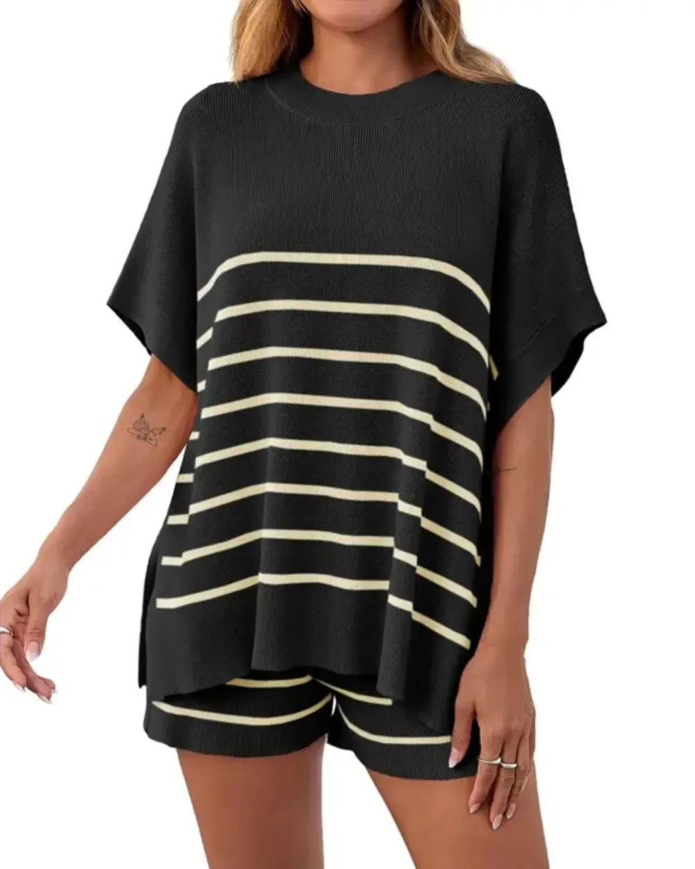 Striped Batwing Top and High-Waist Shorts Two-Piece Lounge Set