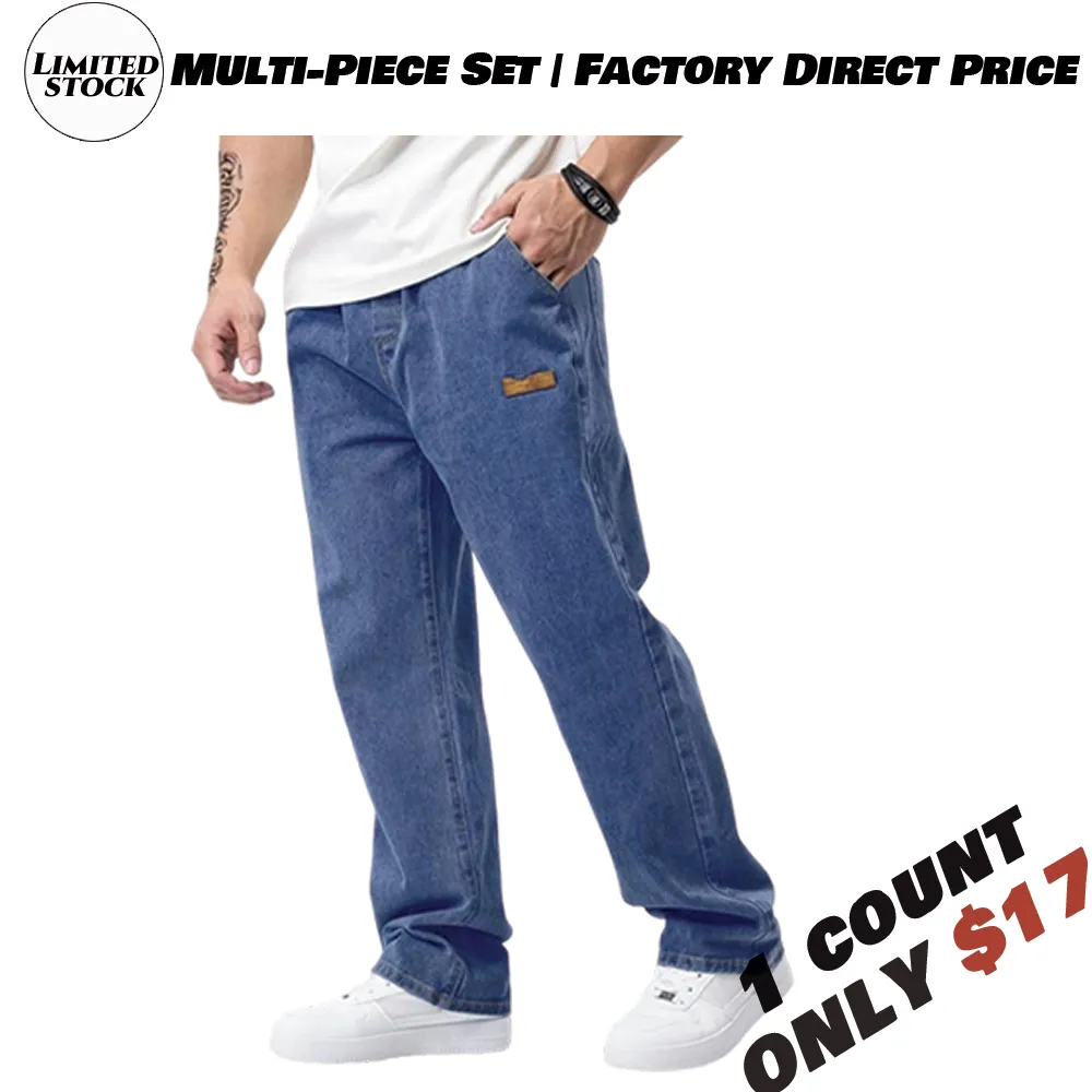Men's drawstring elastic waist washed and distressed loose straight-leg jeans, non-stretchy denim pants, comfortable and loose fit. Suitable for daily casual wear, urban gatherings, and weekend fashion looks. A must-have trendy men's pants 🔥