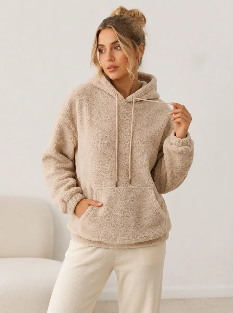 Women's Casual Winter Cozy Beige Fleece Pullover Hoodie